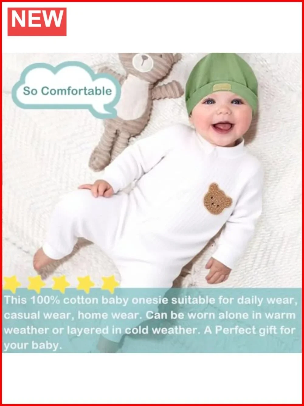100% Cotton Long Sleeve Baby Romper Snap Closure Unisex Newborn Bodysuit